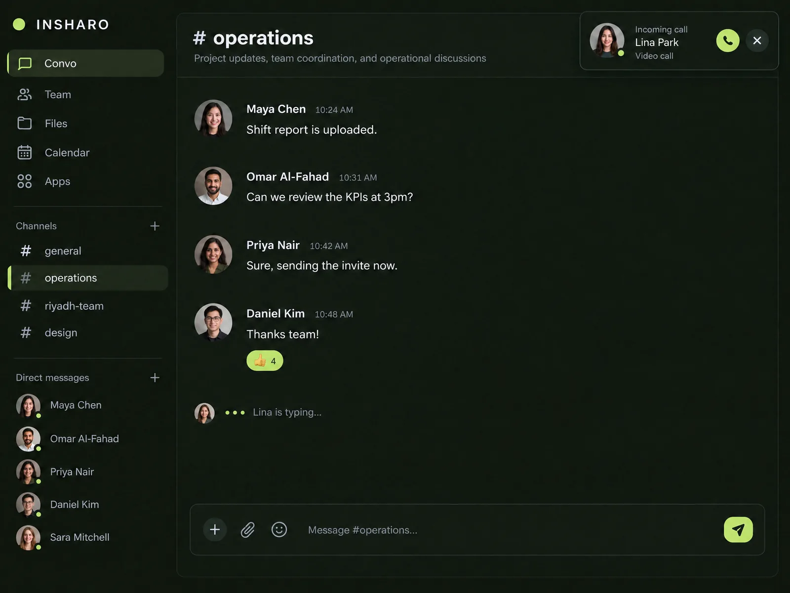 Convo, the INSHARO team chat, with channels and direct messages