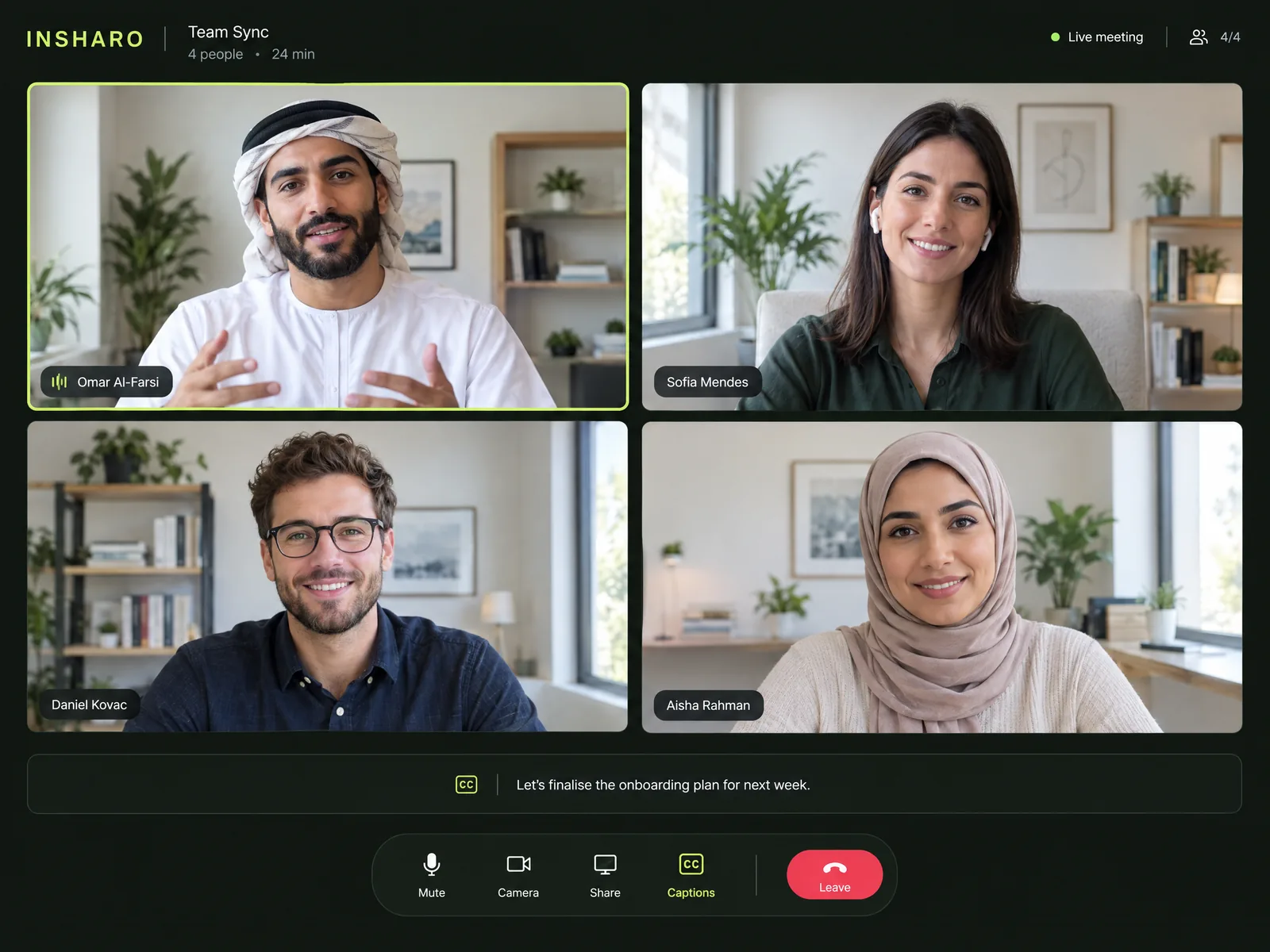 A video meeting in the INSHARO portal with live captions